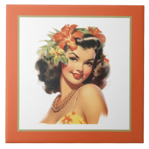 Cute beach Hawaiian lady Ceramic Tile