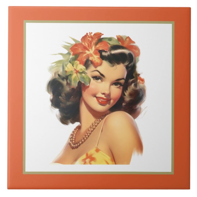 Cute beach Hawaiian lady  Ceramic Tile (Front)