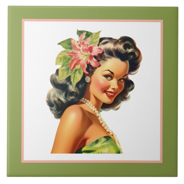 Cute beach Hawaiian lady  Ceramic Tile (Front)