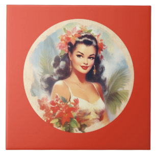 Cute beach Hawaiian lady Ceramic Tile