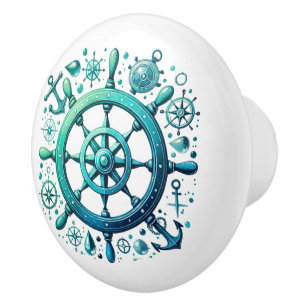 Cute beach house ships wheel ceramic knob