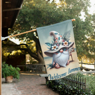 Cute beach house Summer gnome Flag