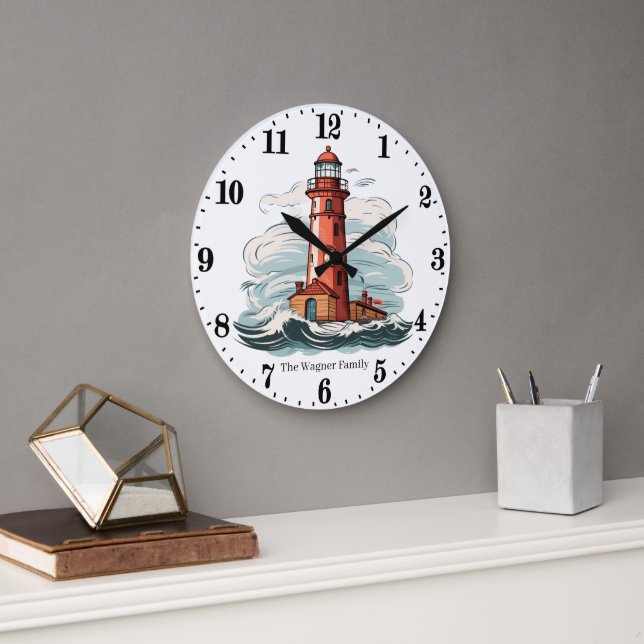 Cute Beach lighthouse lovers add name  Large Clock (Office)