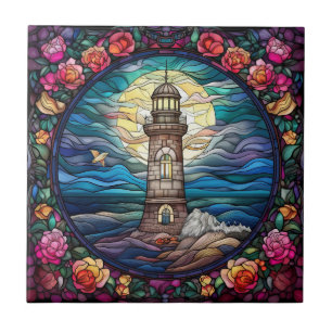 cute beach lighthouse lovers  ceramic tile