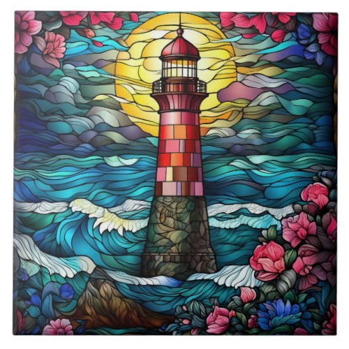 cute beach lighthouse lovers  ceramic tile