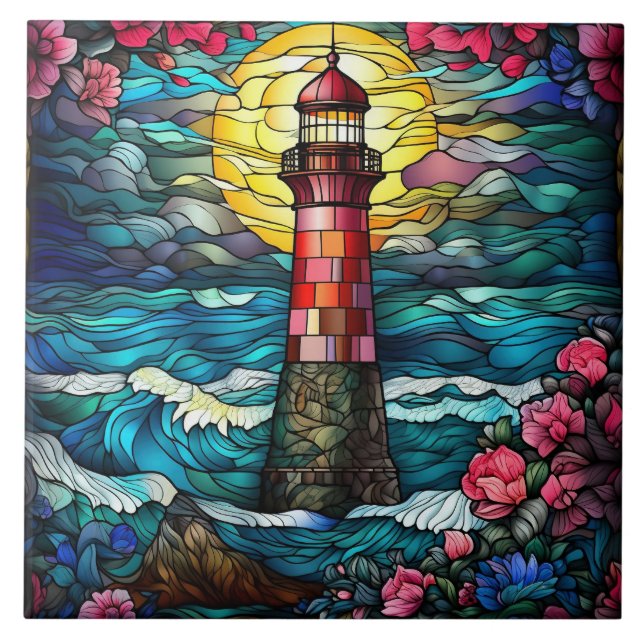 cute beach lighthouse lovers  ceramic tile (Front)