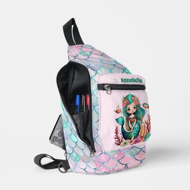 Cute beach mermaid add name girls sling bag (Open)