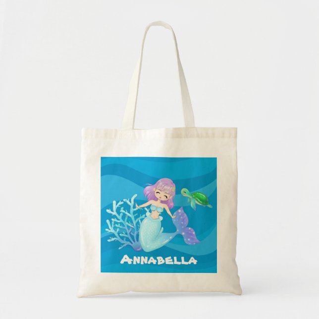 Cute beach mermaid sea turtle add name tote bag (Front)
