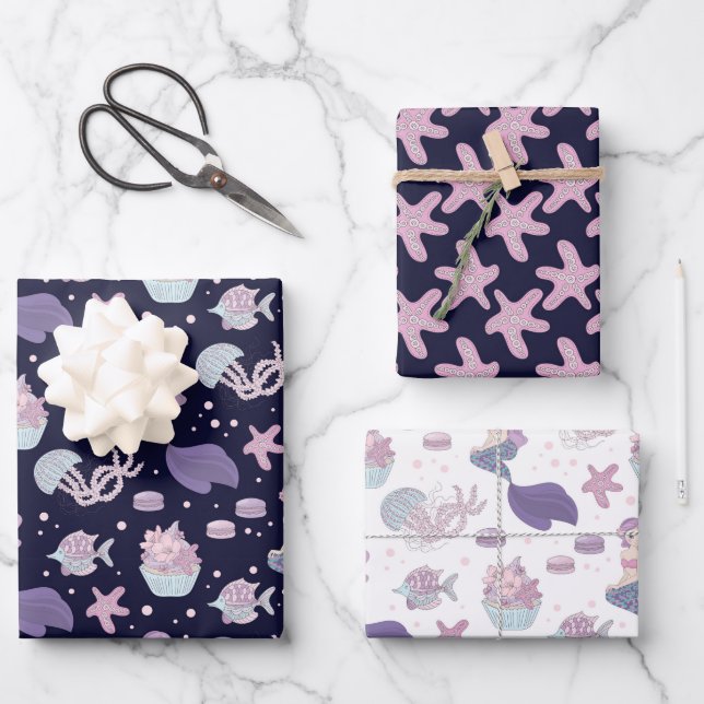 cute beach mermaid tiled party wrapping paper sheets (Front)