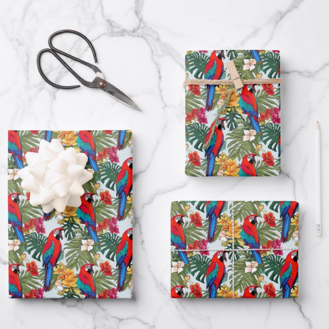 Cute beach parrots tropical pattern  wrapping paper sheets (Front)