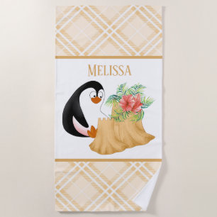 cute beach penguin add name beach towel