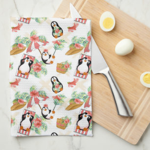 Cute beach penguins tiled kitchen towel