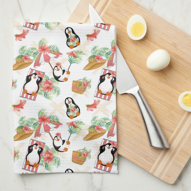 Cute beach penguins tiled kitchen towel (Quarter Fold)