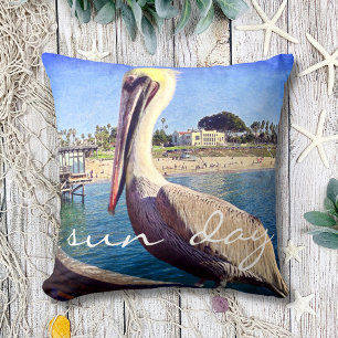 Cute Beach Pier Pelican Bird Photo Sun Day Quote  Throw Pillow
