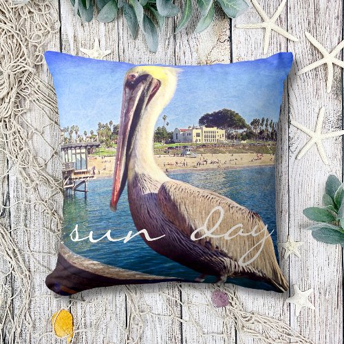 Cute Beach Pier Pelican Bird Photo Sun Day Quote  Throw Pillow