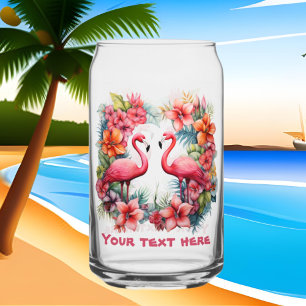 Cute beach pink flamingo add text  can glass