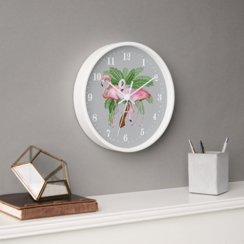 Cute beach pink flamingo decor Large Clock