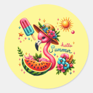 Cute beach pink flamingo hello Summer Classic Round Sticker