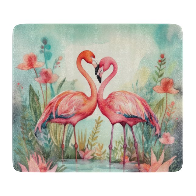 Cute beach pink flamingo lovers cutting board (Front)