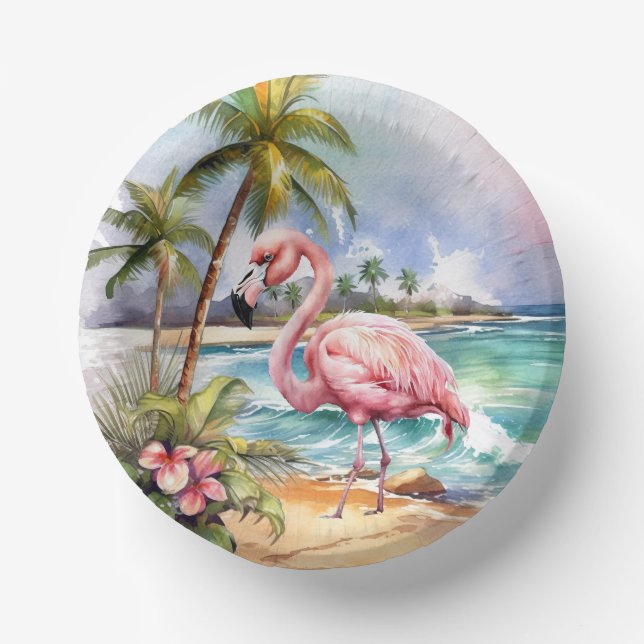 Cute beach pink flamingo party  paper bowls (Front)