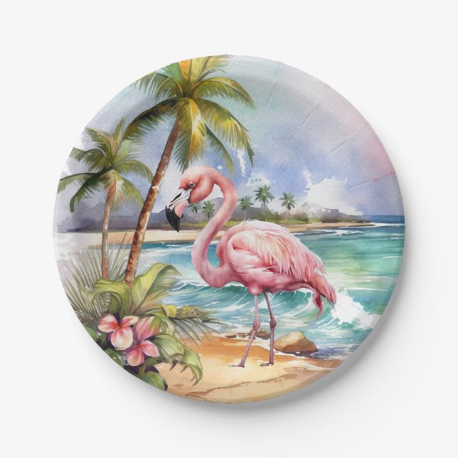 Cute beach pink flamingo party  paper plates (Front)