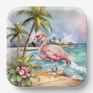 Cute beach pink flamingo party  paper plates
