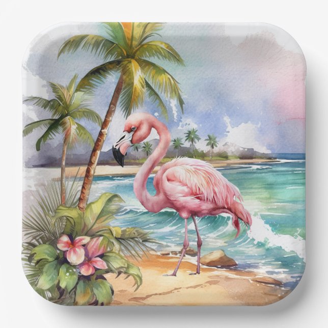 Cute beach pink flamingo party  paper plates (Front)