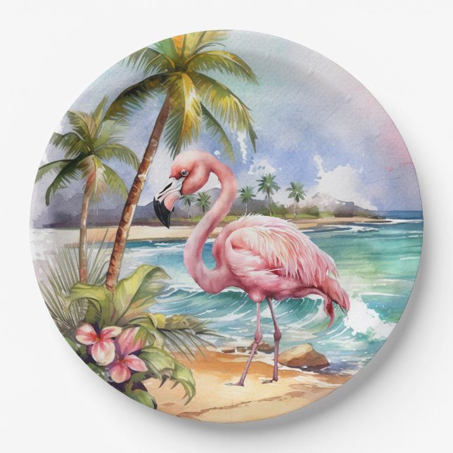 Cute beach pink flamingo party  paper plates (Front)