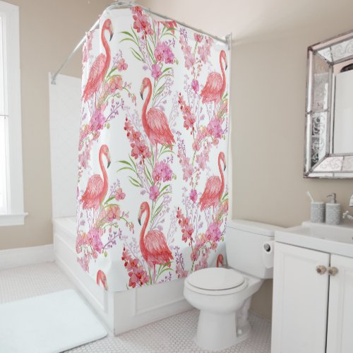 Cute beach pink flamingo shower curtain