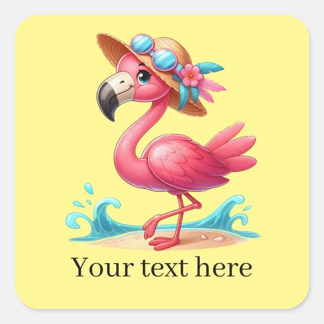 Cute beach pink flamingo  square sticker (Front)