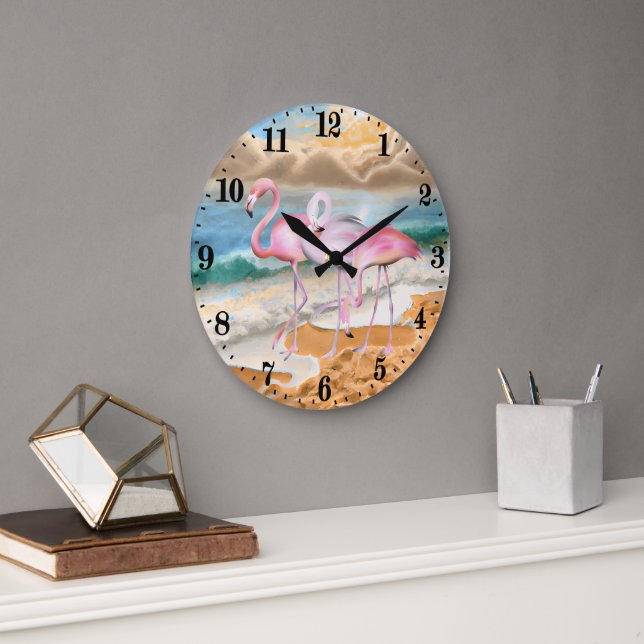 cute Beach pink flamingos  Large Clock (Office)
