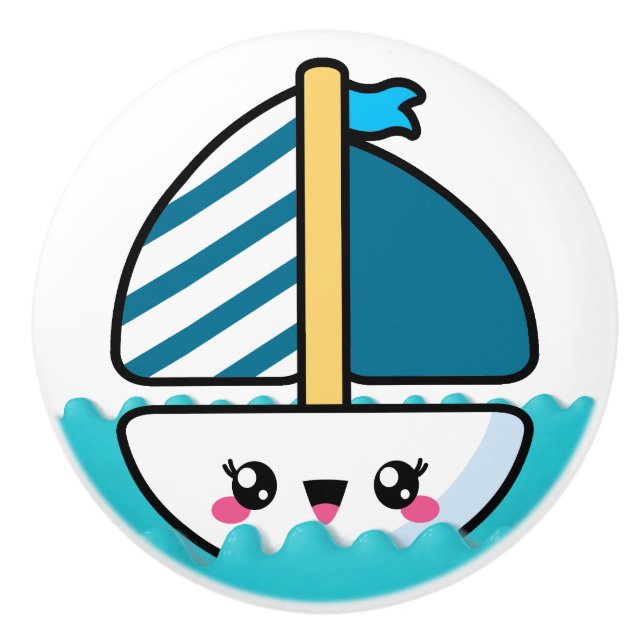 Cute Beach Sailboat Ceramic Knob (Front)