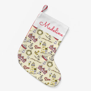 Cute Beach Scene Pattern Add Your Name Small Christmas Stocking