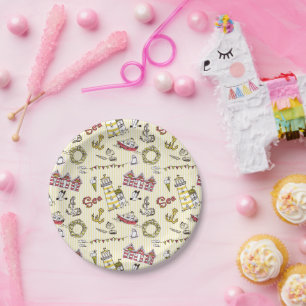 Cute Beach Scene Pattern Paper Plates