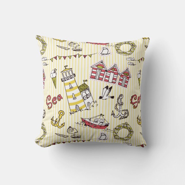 Cute Beach Scene Pattern Throw Pillow (Front)