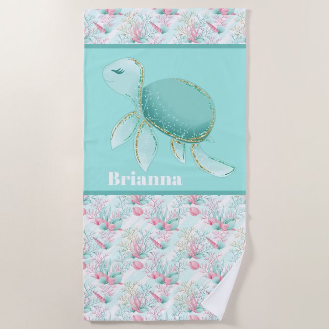 Cute beach sea turtle add name beach towel (Front)