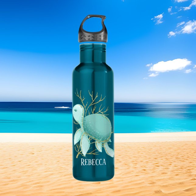 cute beach sea turtle add name stainless steel water bottle (Creator Uploaded)
