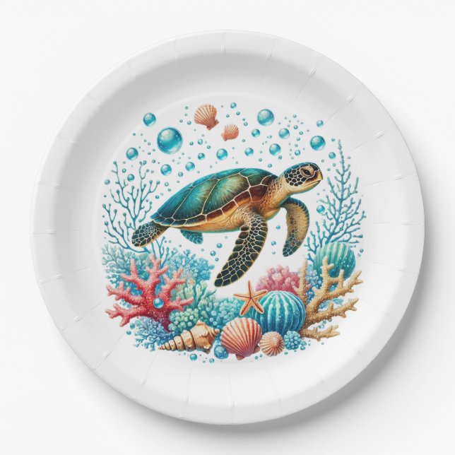 Cute beach sea turtle party paper plates (Front)