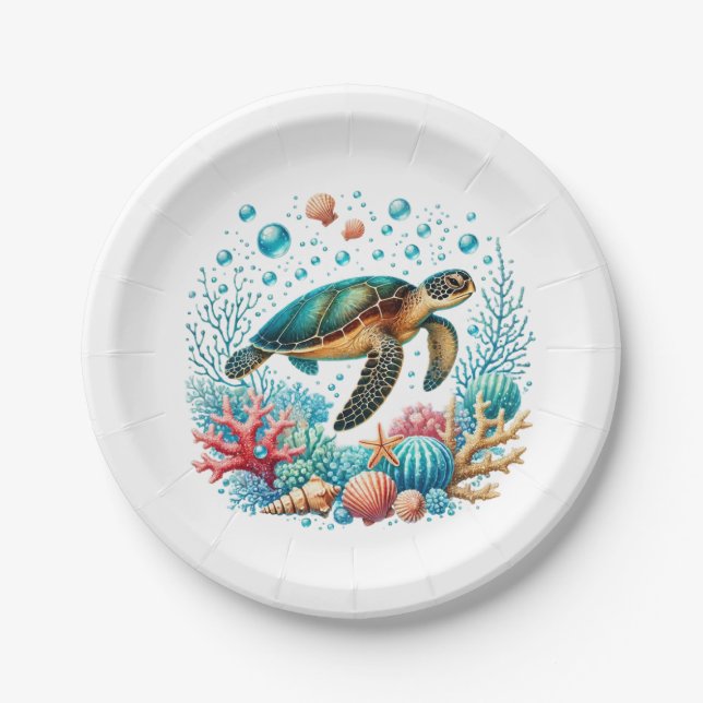Cute beach sea turtle party paper plates (Front)