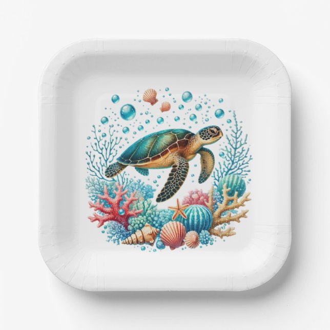Cute beach sea turtle party paper plates (Front)