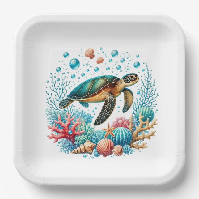 Cute beach sea turtle party paper plates (Front)