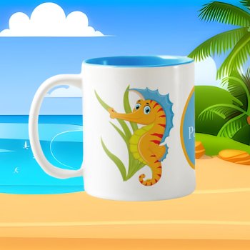 Cute Beach Seahorse Add Monogram Two-tone Coffee Mug by DoodlesGifts at Zazzle