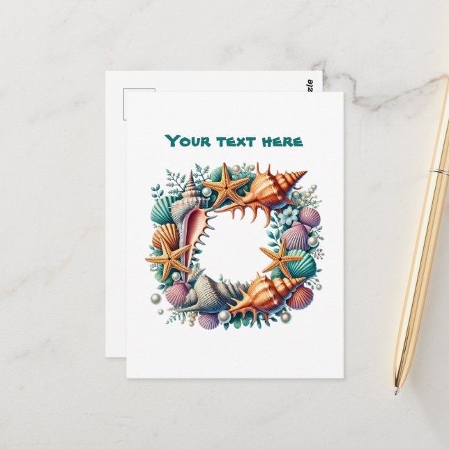 Cute beach seashell wreath customizable  postcard (Front/Back In Situ)