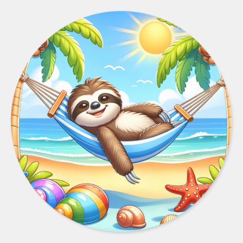 Cute beach sloth lovers  classic round sticker