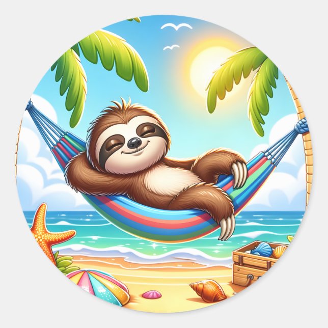 Cute beach sloth lovers classic round sticker (Front)