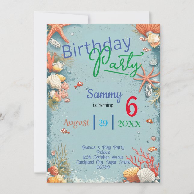 Cute beach, underwater, fish kids birthday invitation (Front)