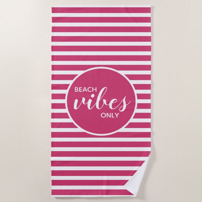 Cute Beach Vibes Only Pink White Striped Modern Beach Towel (Front)