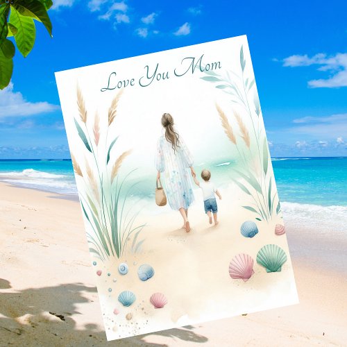 Cute Beach Walk With Mom Mothers Day Watercolor Holiday Card