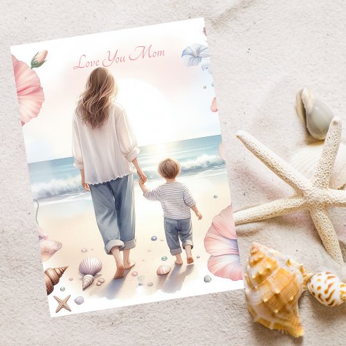 Cute Beach Walk With Mom Watercolor Mothers Day Holiday Card