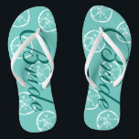 Cute beach wedding flip flops for bride and groom<br><div class="desc">Cute beach wedding flip flops for bride and groom. Vintage sand dollar shell pattern design. Custom strap color for him and her / men and women. Custom background color and personalizable with name initials. Elegant aqua / turquoise blue and white his and hers sandals with stylish script calligraphy typography. Cute...</div>